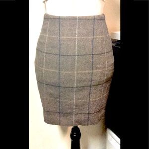 Large Gingham Pattern Mini Skirt: Brown Tan w/Blue, Wool & Cashmere-Sz. 0 Petite